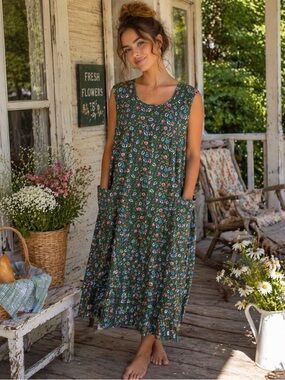 Vintage 90s Country Cottage Green Floral Plus Size 1X Loungewear House Dress